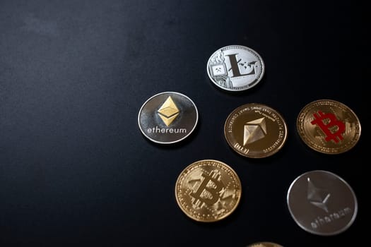 cryptocurrencies concept - bitcoin, litecoin, ethereum