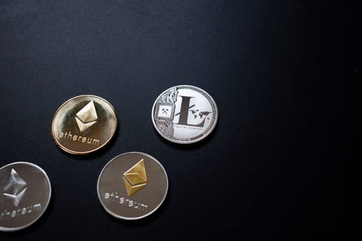 cryptocurrencies concept - bitcoin, litecoin, ethereum