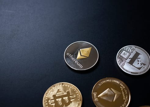 cryptocurrencies concept - bitcoin, litecoin, ethereum