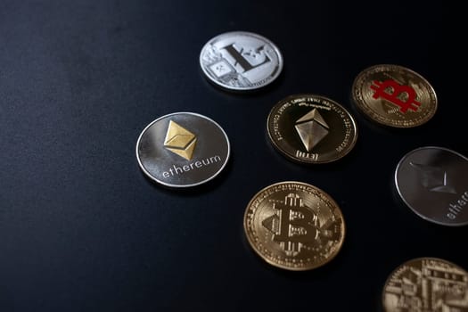 cryptocurrencies concept - bitcoin, litecoin, ethereum