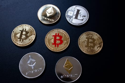 cryptocurrencies concept - bitcoin, litecoin, ethereum