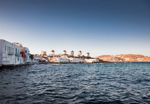 famous view  Traditional windmills on the island Mykonos, Greece