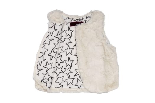 Fur vest. White fur vest for child girls for spring isolated on a white background. Child fashion.