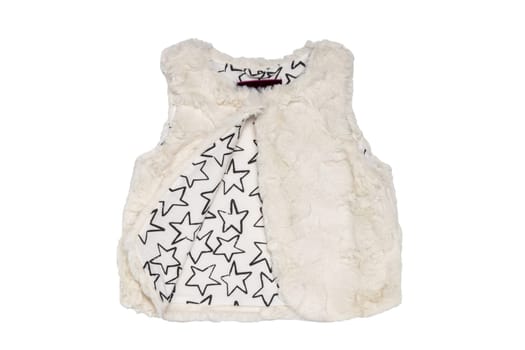 Fur vest. White fur vest for child girls for spring isolated on a white background. Child fashion.