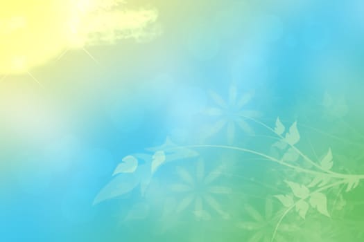Abstract spring or summer flower background. Abstract flower background with beautiful green flowers, sun lights and blue sky. Nice flower texture.