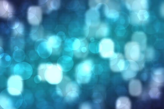 Abstract blue background texture with blurred bokeh circles and pentagons. Space.