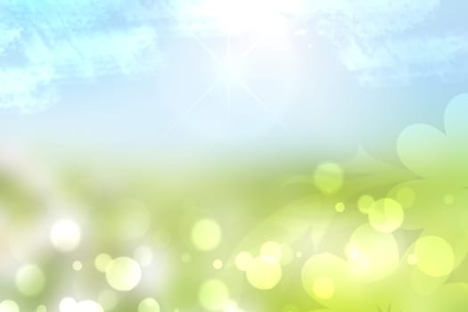 Abstract bright spring or summer landscape texture with natural green bokeh lights and blue bright sunny sky. Autumn or summer background with copy space.