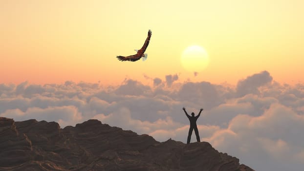 Man on a mountain peak. Eagle flies above clouds.