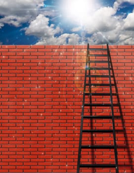Ladder leans on wall with sky. Sunshine in cloudy sky