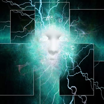 Face and energy. Lightnings and swirling energy particles