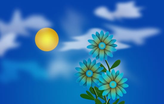 Daisies and Sun. Clouds in blue sky