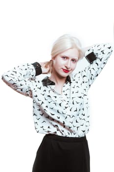 portrait blonde albino girl in studio on white background.