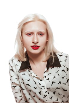 portrait of blonde albino girl in studio.