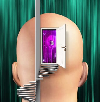 Microphone inside mind. Spiral stair and door