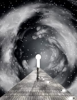 Surreal painting. Figure of man walking on stone road to the keyhole in space.