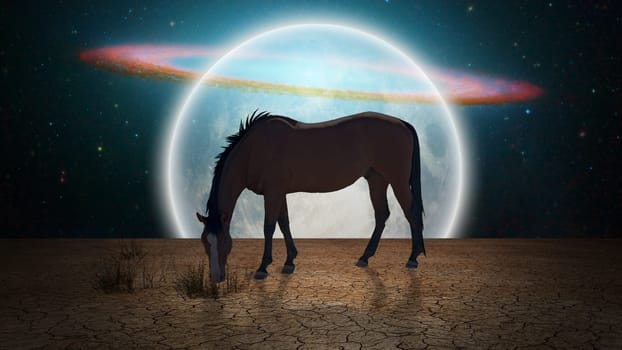 Surrealism. Horse grazes in arid land. Giant moon at the horizon.