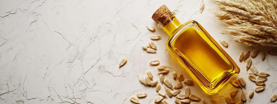 Sunflower oil extract in small bottle on wooden table, Generative AI, food