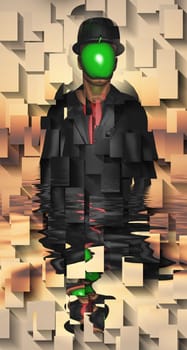 Man in dark suit hides his face behind a green apple