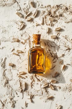 Sunflower oil extract in small bottle on wooden table, Generative AI, food