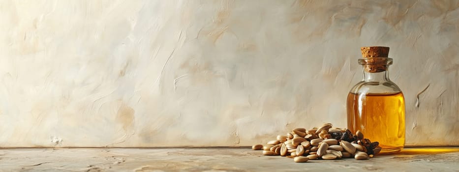 Sunflower oil extract in small bottle on wooden table, Generative AI, food