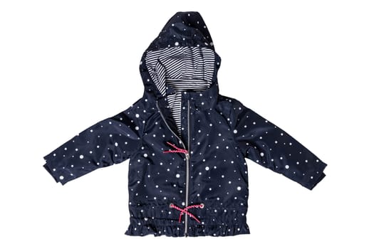 Kids jacket isolated. A stylish fashionable dark blue jacket with white dots and blue white striped lining for the little girl. A rain coat and windbreaker with hood for spring and autumn.