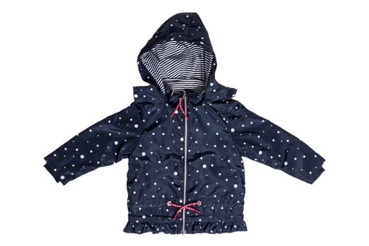 Kids jacket isolated. A stylish fashionable dark blue jacket with white dots and blue white striped lining for the little girl. A rain coat and windbreaker with hood for spring and autumn.