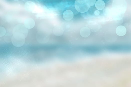 Abstract beach background. Abstract bright tropical sand beach with blue sky and white clouds and waves. Backdrop for summer holidays and travel advertising.