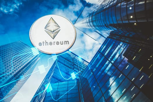 ethereum agains skyscrapers - futuristic smart city - cryptocurrency concept