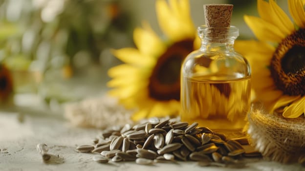 Sunflower oil extract in small bottle on wooden table, Generative AI, food
