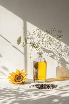Sunflower oil extract in small bottle on wooden table, Generative AI, food