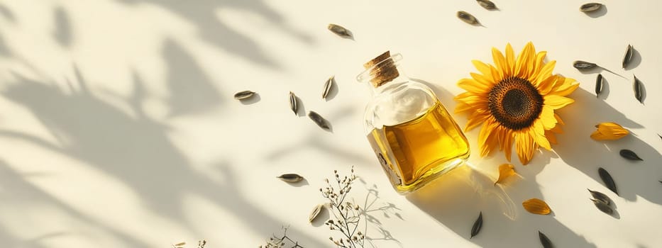 Sunflower oil extract in small bottle on wooden table, Generative AI, food