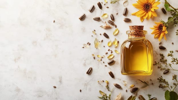 Sunflower oil extract in small bottle on wooden table, Generative AI, food