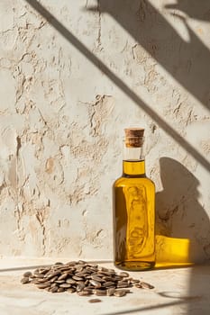 Sunflower oil extract in small bottle on wooden table, Generative AI, food