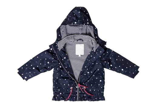 Kids jacket isolated. A stylish fashionable dark blue jacket with white dots and blue white striped lining for the little girl. A rain coat and windbreaker with hood for spring and autumn.