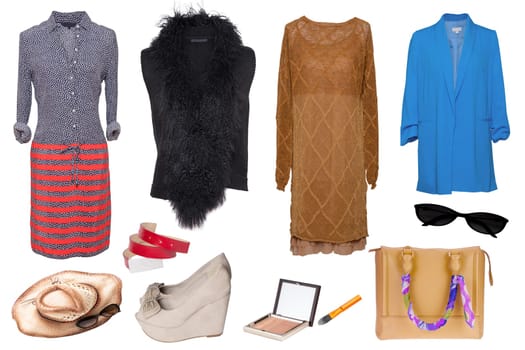 Collage woman clothes. Set of stylish and trendy women dresses, jacket, pants, handbag and accessories isolated on a white background. Latest fashion trends.