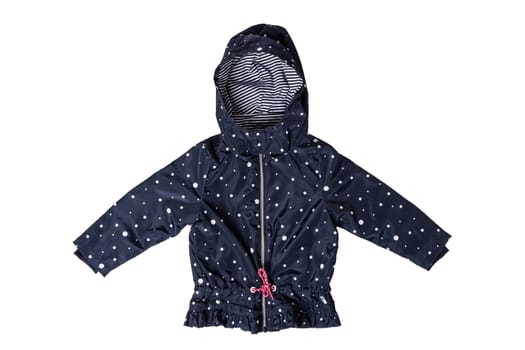 Kids jacket isolated. A stylish fashionable dark blue jacket with white dots and blue white striped lining for the little girl. A rain coat and windbreaker with hood for spring and autumn.
