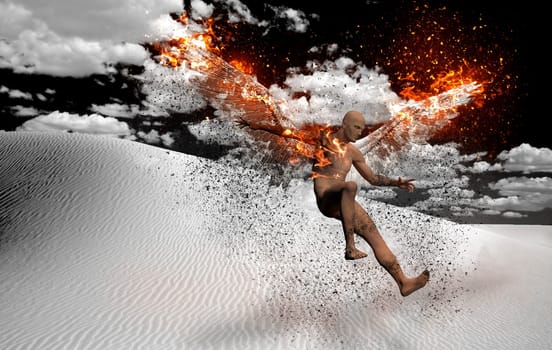 Fallen angel in surreal white desert.