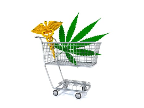 Marijuana and caduceus in a shopping cart.