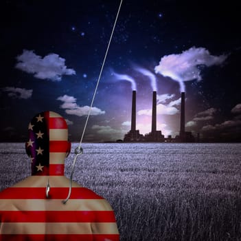 Factory with pipes at the horizon. Man in US national colors with hook in back.