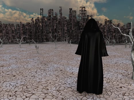 Traveler in black cloak before the destroyed city