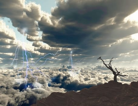 Lightning on a sunrise. Bird on a dry branch.
