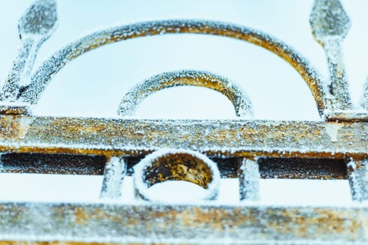 metal fence in hoarfrost on a blurred background.