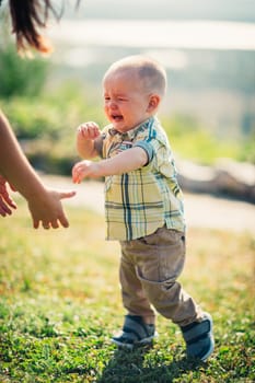 crying toddler baby on nature background.