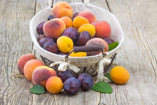 fresh fruits in a basket on wooden background