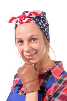 young and pretty vintage woman worker on white