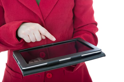 businesswoman using touch pad, close up shot on tablet pc, isolated