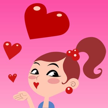 The girl gives kisses, flying red heart Valentines day