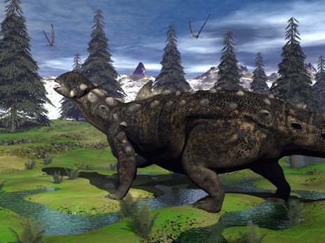Euoplocephalus dinosaur walking in the mountain among fir trees and onychyopsis plants by day - 3D render