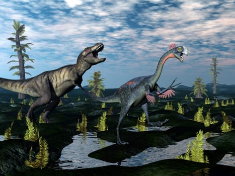 Tyrannosaurus rex attacking gigantoraptor dinosaur among tempskya trees and nipa plants by day - 3D render