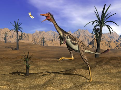 Mononykus dinosaur hunting a dragonfly in the desert surrounded with williamsonia trees- 3D render